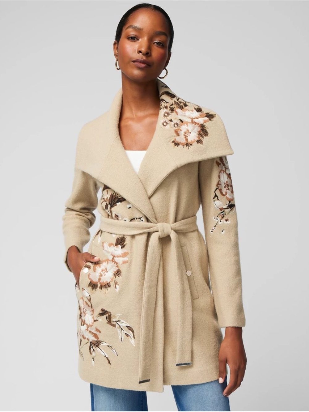 WHBM White House Black Market Embroidered Floral Belted Wrap Coat – Size Large